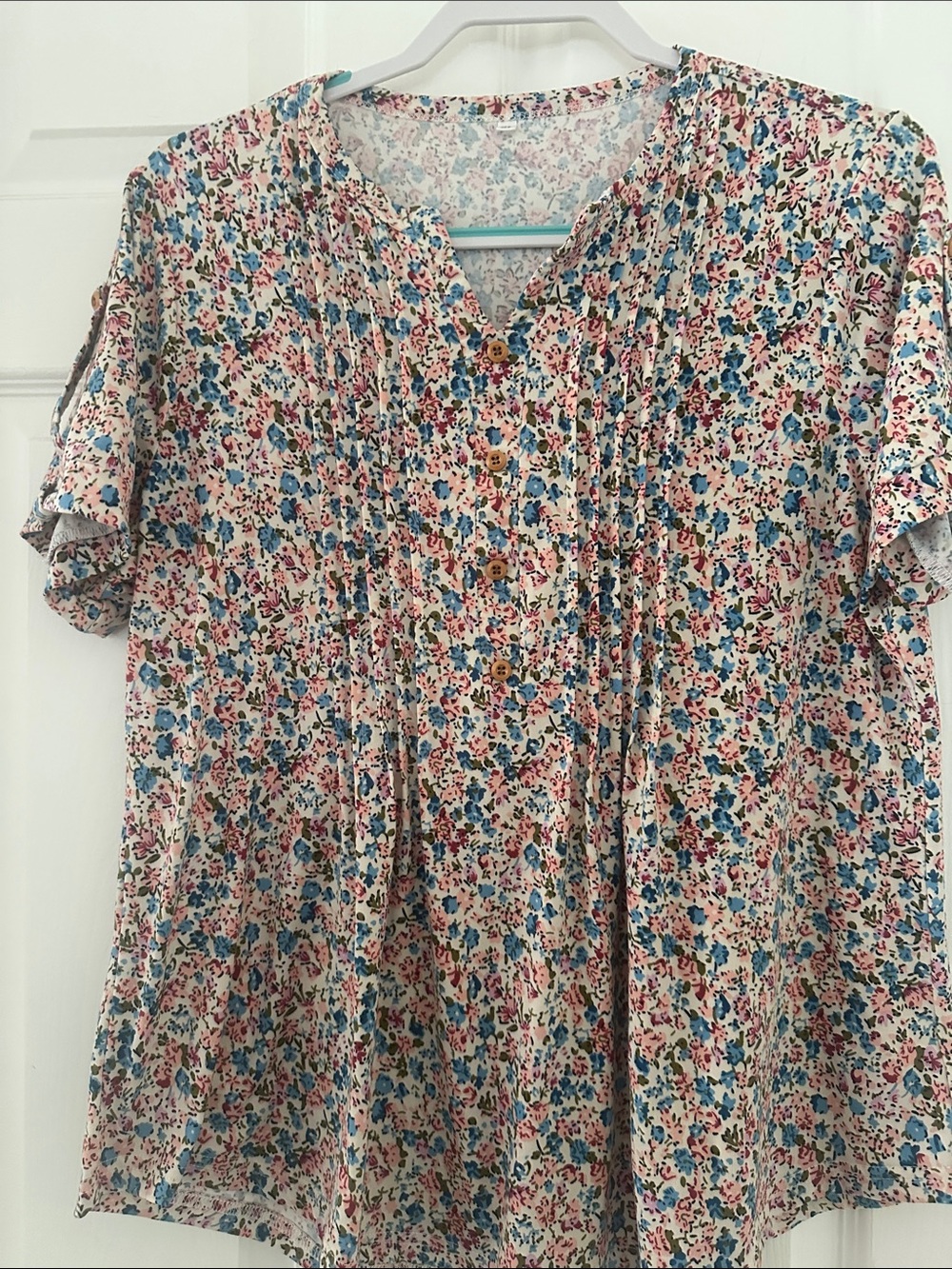 Women’s Floral Pintuck Button-Front Top in Cream with Blue & Pink Floral Print